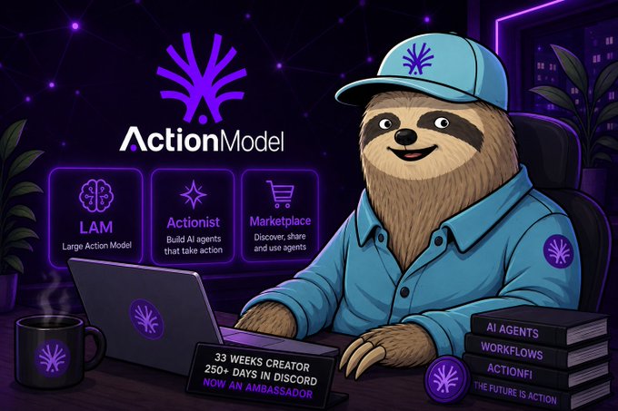 A promotional graphic features an animated sloth mascot wearing a blue cap and shirt, advertising "ActionModel" with details about LAM, Actionist, and Marketplace.