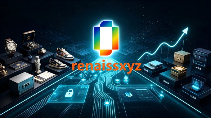 The image features a digital landscape with luxury goods like watches, sneakers, and collectibles surrounding a central "renaissxyz" logo and glowing padlock icon, symbolizing the tokenization of real-world assets onto the blockchain. This visually reinforces the post's message about bridging tangible, physical assets with on-chain narratives, suggesting that bringing real-world value into crypto could provide the missing "tangible feel" the space needs.