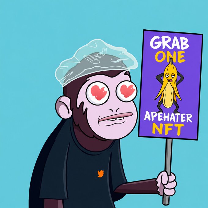 A cartoon ape wearing a shower cap holds a purple sign reading 'GRAB ONE APEHATER NFT' featuring a banana character, set against a teal background.