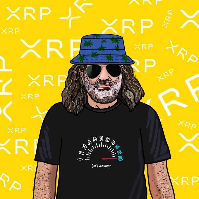 Digital illustration of a man with long hair, a beard, sunglasses, and a blue bucket hat with green leaf patterns, wearing a black t-shirt with an XRP Ledger speedometer graphic, set against a yellow background covered in 'XRP' text.