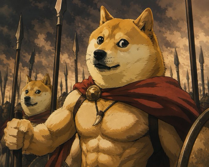 An anime-style illustration of a muscular Shiba Inu warrior with a red cape stands at the forefront, wielding a spear, with another Shiba Inu soldier behind him and a field of spears in the background, embodying the "Doge" meme as a noble, battle-ready hero.