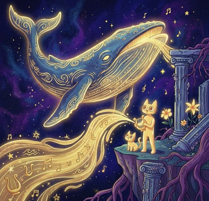 An illustration of a large glowing blue and gold whale floating in a starry night sky above a cliff where a cat figure plays a lyre, surrounded by musical notes and ancient Greek-style columns.