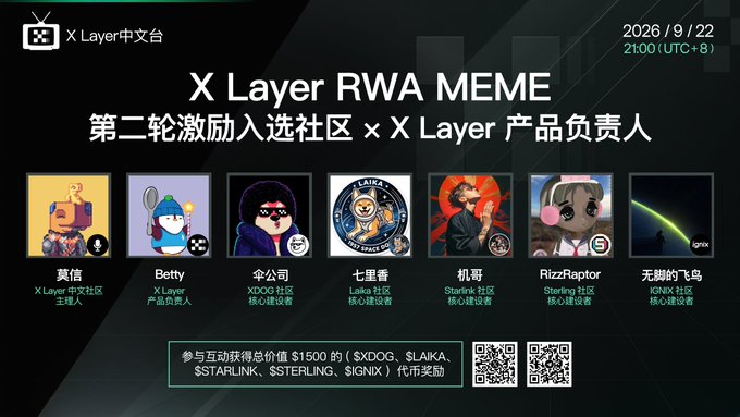 A banner promoting the X Layer Chinese Stage Space dated 2026/9/22 at 21:00 (UTC+8), featuring the "X Layer RWA MEME" second-round liquidity incentive selected communities and the X Layer product lead. It displays seven avatar panels representing hosts 真信, Betty (X Layer product lead), and core builders from XDOG (伞公), LAIKA (七里香), Starlink (机哥), RizzRaptor, and IGNIX (无脚的飞鸟) communities, noting participants can win $1,500 worth of $XDOG, $LAIKA, $STARLINK, $STERLING, and $IGNIX tokens.