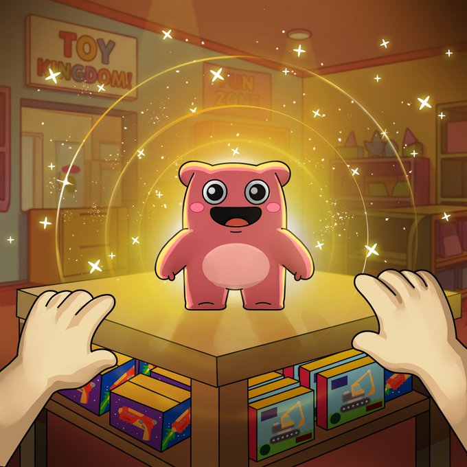 A cartoon illustration shows a pink bear character glowing on a display table in a 'TOY KINGDOM' store, with hands reaching toward it and colorful toy boxes below.