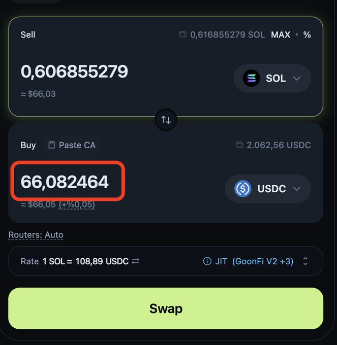 A cryptocurrency swap interface showing a sell order of 0.606855279 SOL for approximately 66.082464 USDC at a rate of 1 SOL = 108.89 USDC.