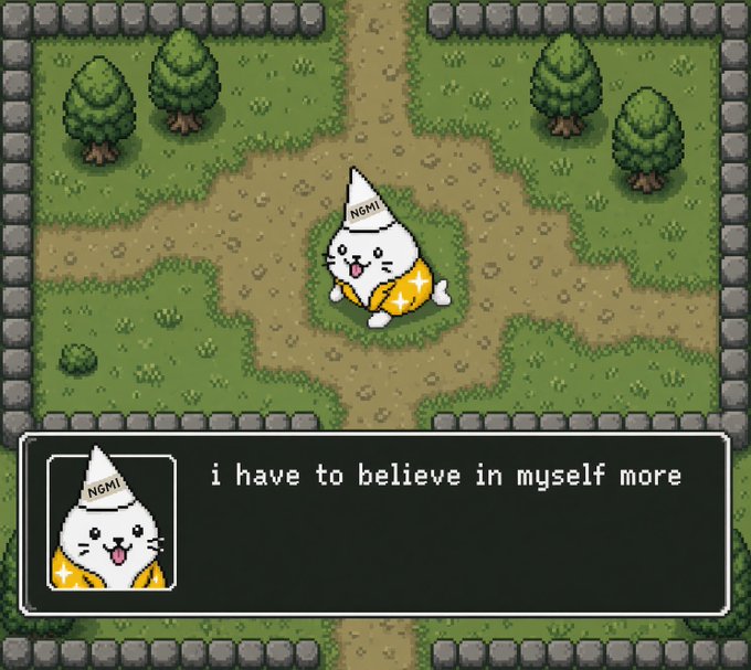 A pixel art video game screenshot features a white cat character wearing a party hat in the center of a grassy map, with a dialogue box reading 'i have to believe in myself more'.