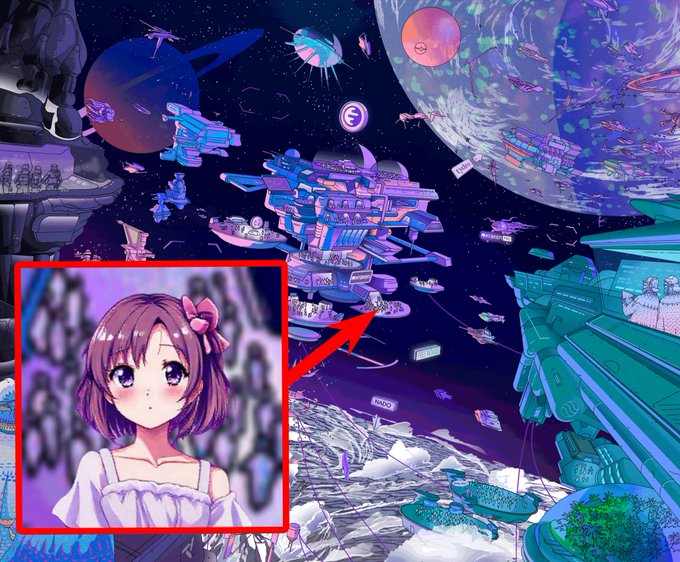 A vibrant sci-fi illustration of a space station with planets and spaceships is overlaid with an inset image of an anime girl with purple hair and a pink bow, pointed to by a red arrow.