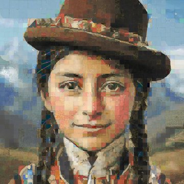 A pixelated, painterly portrait of a smiling child wearing a dark hat with red decorations, set against a blue sky background.