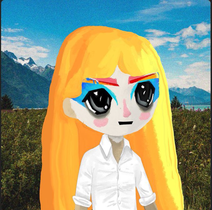 A digital drawing of a cartoon character with long orange hair, large anime-style eyes, and a white button-up shirt against a mountainous landscape background.