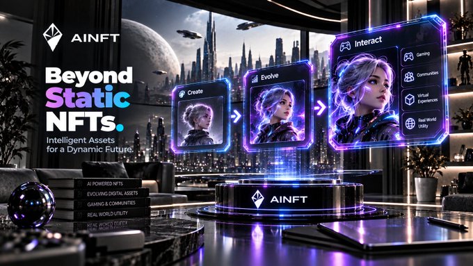 Promotional graphic for AINFT featuring the tagline 'Beyond Static NFTs. Intelligent Assets for a Dynamic Future,' highlighting features like 'Create,' 'Evolve,' and 'Interact' alongside a futuristic cityscape background.