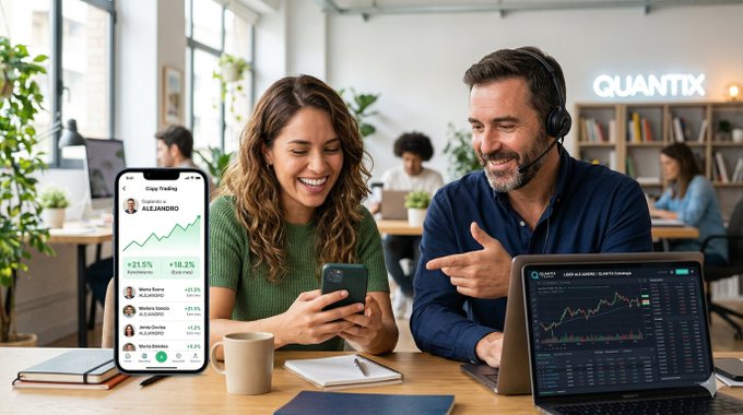Two people smiling at a phone screen in an office setting with 'QUANTIX' neon sign visible, looking at charts showing gains like '+21.5%' and '+11.2%'.
