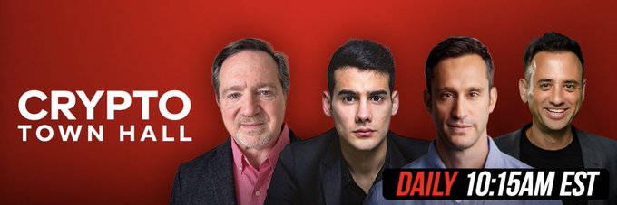 A promotional banner for 'CRYPTO TOWN HALL' featuring four men against a red background, with text indicating it airs 'DAILY 10:15AM EST'.