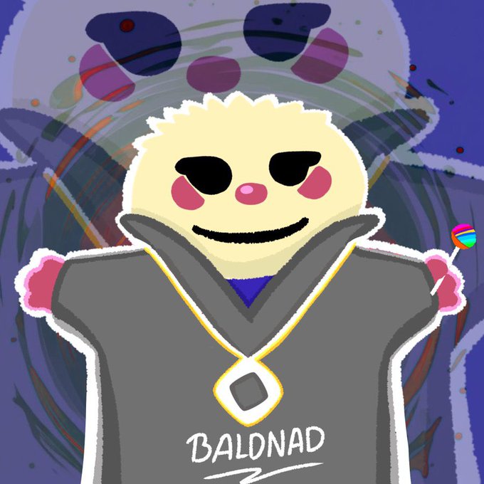 A cheerful round cartoon character wearing a gray robe and gold pendant stands in front of a stormy, swirly background, with the name "BALDNAD" written below and a colorful lollipop on the side—evoking the wholesome, vibrant aesthetic of the @ChogNFT project.