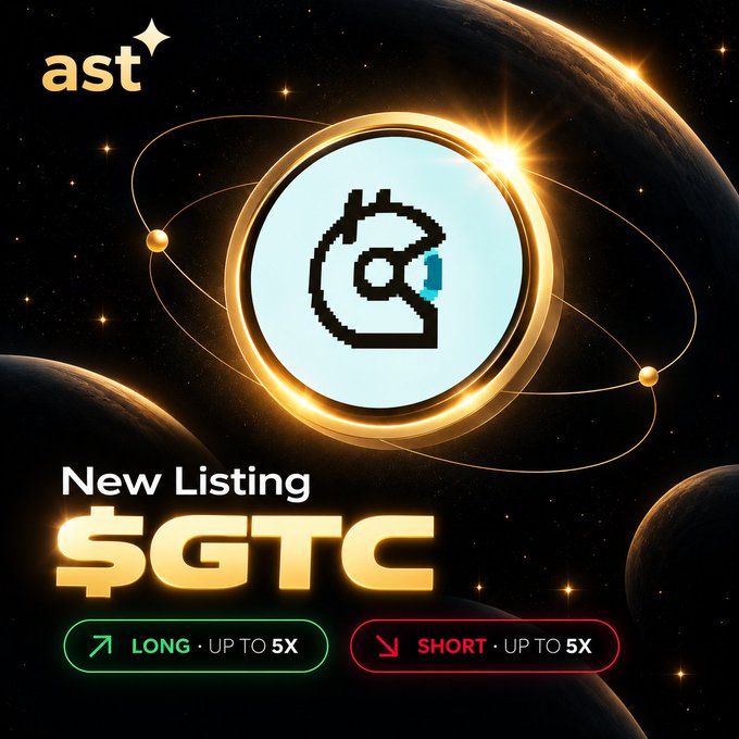 A promotional graphic for a new cryptocurrency listing on the 'ast' exchange features a pixel art coin and the ticker '$GTC', advertising long and short positions of up to 5X.