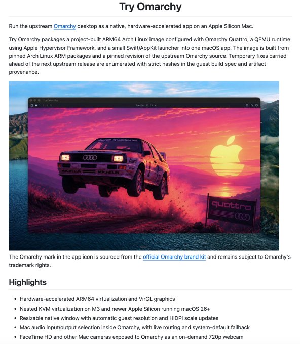 A webpage promoting 'Try Omarchy,' featuring a screenshot of a macOS app running Arch Linux with an Audi Quattro wallpaper, highlighting ARM64 virtualization features.