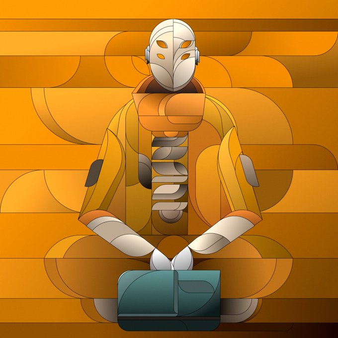 A stylized illustration of a humanoid robot with a white metallic face and orange hooded outfit, sitting with hands resting on a small bag against an orange striped background.