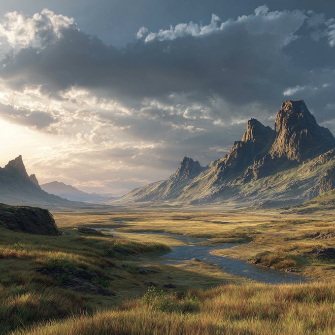A sweeping landscape with jagged mountain peaks, dramatic clouds, and a winding river through golden grasslands.