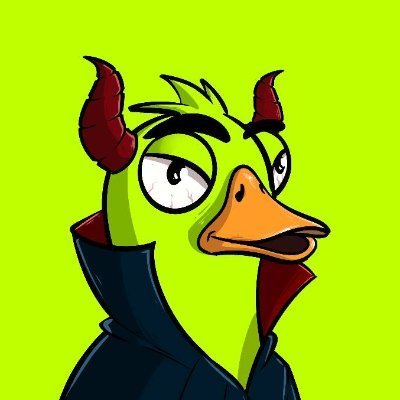 A digital illustration of a green duck-like character with red horns and an orange beak, wearing a dark jacket against a lime green background.