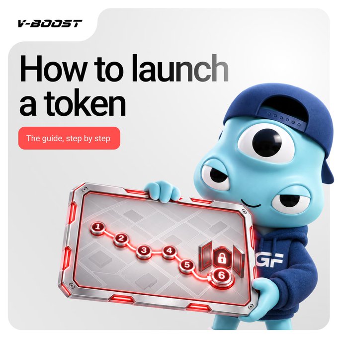 A V-Boost promotional graphic featuring a blue cartoon mascot wearing a cap, holding a device displaying a 6-step process for launching a token, with the headline 'How to launch a token' and subtitle 'The guide, step by step.'
