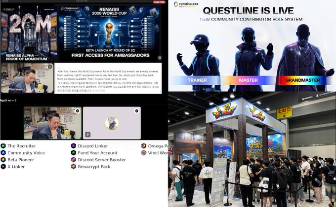 A collage of images showing the RENAISS World Cup 2026 launch announcement, a "Questline is live" community contributor role system (Trainer, Master, Grandmaster), and photos of attendees at an arcade event.