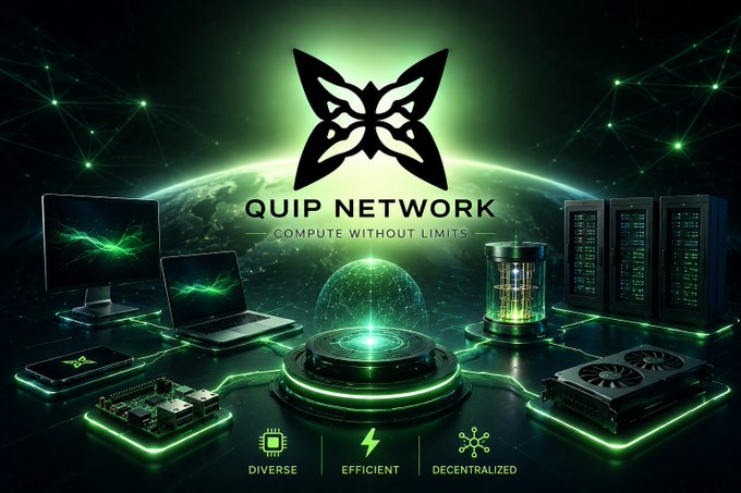 A promotional graphic for 'QUIP NETWORK' featuring a butterfly logo and the tagline 'COMPUTE WITHOUT LIMITS,' surrounded by images of computing devices and the words 'DIVERSE,' 'EFFICIENT,' and 'DECENTRALIZED.'