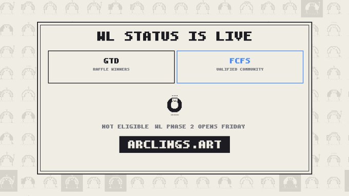 A pixel-art style graphic titled 'WL STATUS IS LIVE' showing two eligible groups (GTO 'RAFFLE WINNERS' and FCFS 'QUALIFIED COMMUNITY'), with text noting 'NOT ELIGIBLE? WL PHASE 2 OPENS FRIDAY' and the URL 'ARCLINKS.ART'.