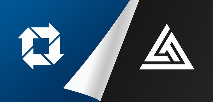 A split blue and black graphic displaying two white geometric logos, separated by a curved white divider.