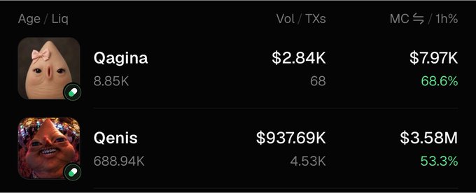 A crypto dashboard showing two memecoin tokens, Qagina ($2.84K Vol, 68 TXs, $7.97K MC, 68.6%) and Qenis ($937.69K Vol, 4.53K TXs, $3.58M MC, 53.3%), with cartoon profile pictures.