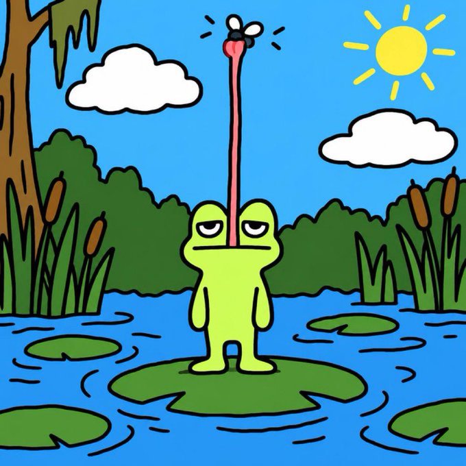 Cartoon illustration of a bored-looking green frog standing on a lily pad in a pond, with a long pink tongue extended upward catching a fly, set against a sunny sky with clouds and cattails.
