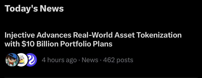 A dark “Today’s News” card highlights: “Injective Advances Real-World Asset Tokenization with $10 Billion Portfolio Plans,” labeled “News” with “462 posts.”
