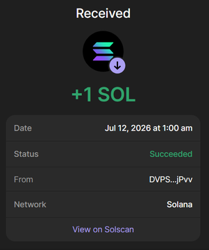 A screenshot of a successful Solana transaction notification showing "+1 SOL" received, dated Jul 12, 2026 at 1:00 am, with the sender address starting "DVPS..jPv" and a status marked "Succeeded" — serving as proof of payment for the $BHOODIES token purchase promotion described in the post.