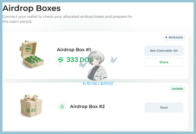 The image shows an "Airdrop Boxes" page where Airdrop Box #1 is revealed to contain 333 DOS tokens (status: Not Claimable Yet), while Airdrop Box #2 is still locked. This directly relates to the post's mention of earning a guaranteed 333 $DOS per account through a Binance Wallet event, visualizing the actual reward allocation each account received.