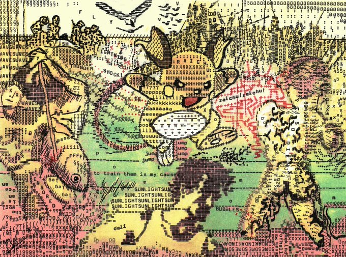 A chaotic, colorful mixed-media artwork covered in text overlays like 'SHOCK', 'WAVES', 'BUBBLES', and 'Sunlight' features a skull-like creature and various abstract shapes.