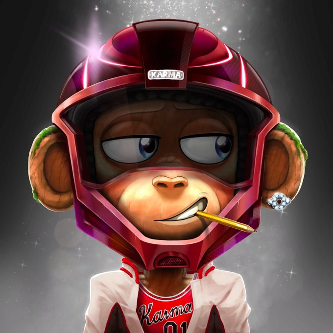 Digital artwork of a monkey wearing a red helmet with "KARMA" on the visor, a diamond earring, and a jacket also displaying "Karma".
