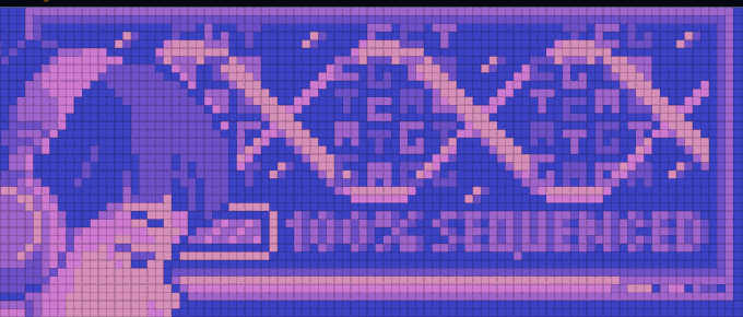 A pixel art scene showing a scientist at a computer with DNA helices displayed, celebrating the completion of genome sequencing.