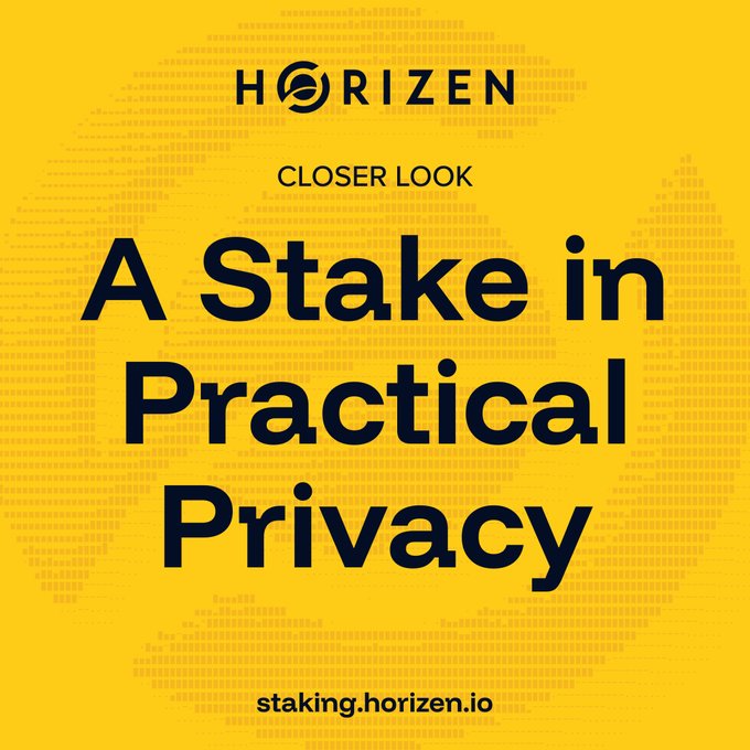 A bright yellow graphic from Horizen featuring the title "A Stake in Practical Privacy" under the heading "Closer Look," with a dotted world map pattern in the background and the URL staking.horizen.io at the bottom. The image visually reinforces the post's message by highlighting $ZEN's role as the alignment rail of the ecosystem through staking, emphasizing practical privacy rather than marketing-driven privacy claims.