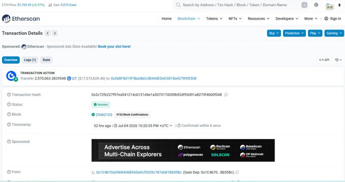 A screenshot of an Etherscan transaction details page showing a successful transaction sending 2,570.063829548 GT, with an ETH price of $1,769.49 at the top.