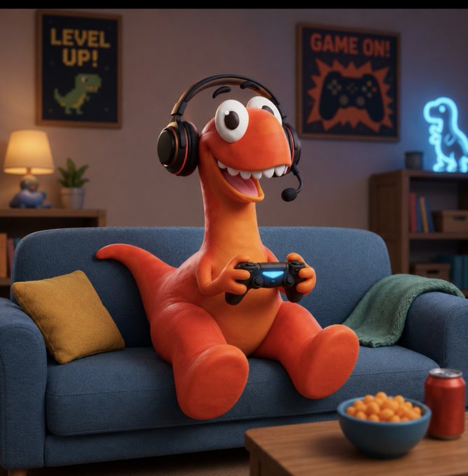 A 3D-rendered orange dinosaur wearing a headset and holding a controller sits on a blue couch playing video games, with 'LEVEL UP!' and 'GAME ON!' posters on the wall behind it.