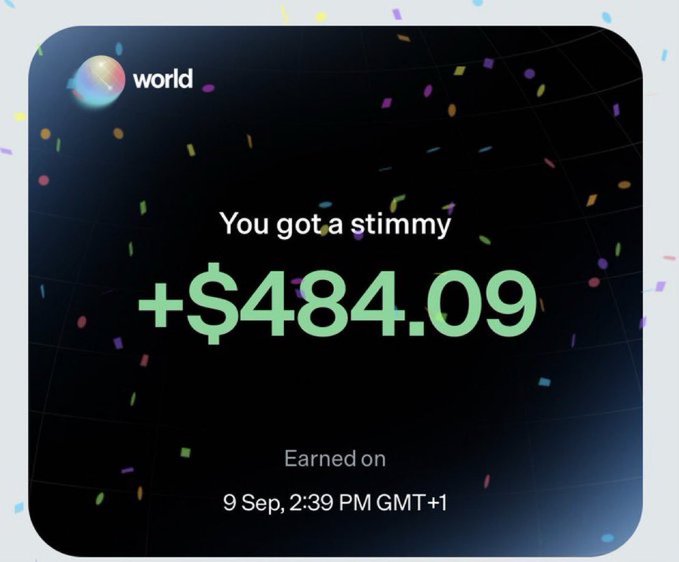 The image shows a screenshot from "World" (Worldcoin) displaying a "stimmy" reward of +$484.09 earned on September 9 at 2:39 PM GMT +1, surrounded by celebratory confetti. It relates to the post's sarcastic commentary about crypto projects like Worldcoin that repeatedly tease and "farm" their communities with airdrops and influencer hype before distributing small token rewards.