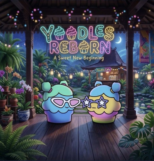 Promotional artwork for "Yoodles Reborn: A Sweet New Beginning" featuring two pastel-colored cupcake characters with sunglasses and star-shaped eyes standing in front of a tropical nighttime cafe setting with neon lights.