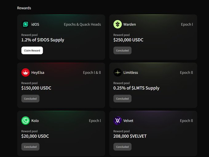 The image is an app screen displaying a list of rewards for users' achievements within a game setting. The screen features six reward items with varying levels of value, including "Wool", "Velvet", "Epoch II", "Epoch III", "Epoch IV", and "Epoch V". Each reward item is accompanied by a description of what it offers in terms of rewards, such as "1.2% of SIDOS Supply" or "rewards pool". The users' names are shown in the top right corner, and there's also text indicating that everyone can check out wallchain @wallchain to claim their rewards or learn about advertising partnerships currently available for the game.