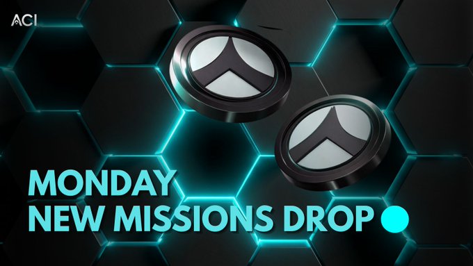 A graphic with a teal hexagonal background featuring two circular tokens with a chevron symbol, alongside text reading 'MONDAY NEW MISSIONS DROP' and a logo for 'ACI'.