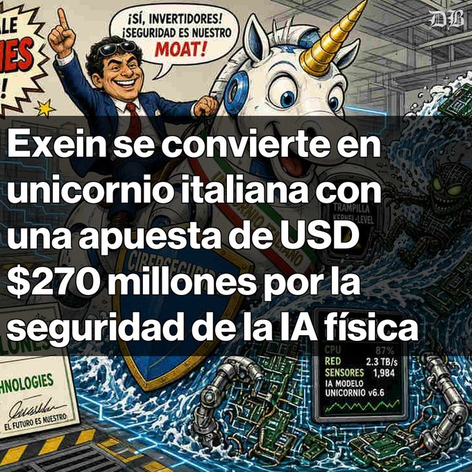 A Spanish-language article graphic headlined 'Exein se convierte en unicornio italiana con una apuesta de USD $270 millones por la seguridad de la IA física,' featuring a cartoon of a man riding a unicorn and a dialog bubble reading '¡SÍ, INVERTIDORES! ¡SEGURIDAD ES NUESTRO MOAT!'.