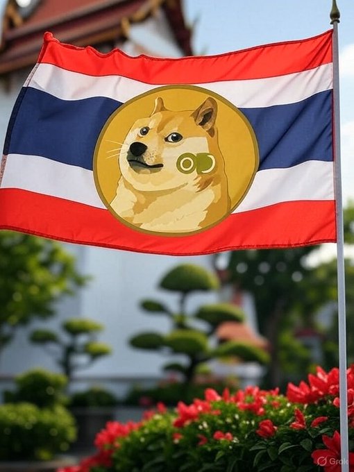The image features a Thai flag with a cartoon dog on it, which has been used as an advertisement for a Dogecoin ETF (Exchange Traded Fund). The Dogecoin ETF is being promoted by Thailand SEC to attract young investors who are interested in digital assets and cryptocurrencies.