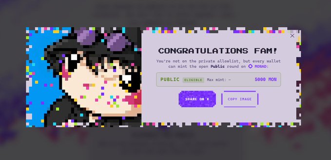 The image shows a pixelated chibi character with dark hair and cat ears surrounded by confetti, alongside a "CONGRATULATIONS FAM!" notification with details for an open Public round on Monad with a max mint of 5000 MON. This directly supports the post announcing the ChogNFT public mint launch on Monad, where the creator is offering to buy GTD (guaranteed) spots for 5k MON before the public sale goes live.