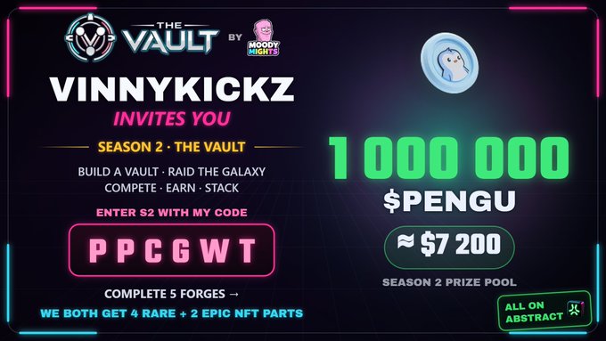 A promotional banner for "THE VAULT" Season 2 by VinnyKickz, offering a 1,000,000 $PENGU prize pool and inviting users to enter with the code "PPCGWT".