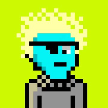 A pixel art portrait of a character with spiky yellow hair, cyan skin, a black eyepatch, and gray attire set against a lime green background.
