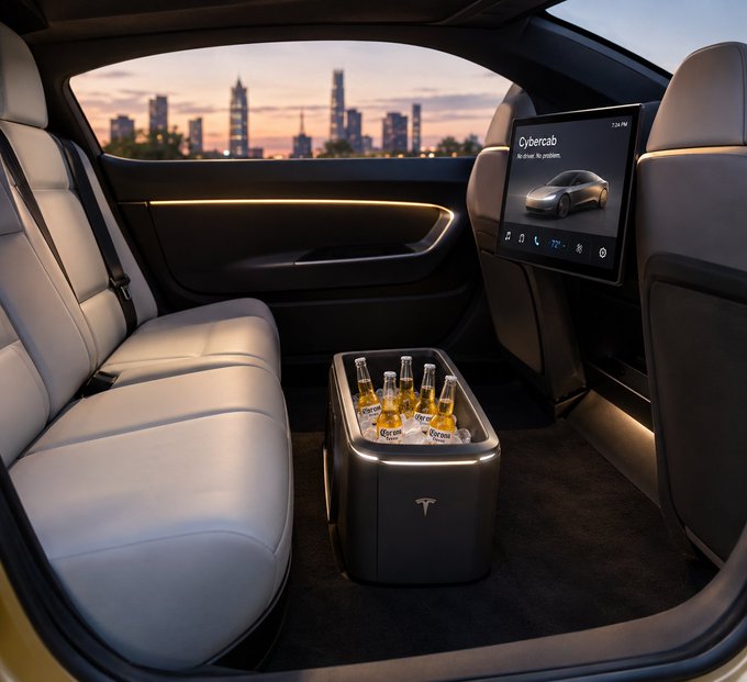 Interior view of a Tesla Cybercab featuring white leather seats, a central console containing Coronas beer bottles on ice, and a rear touchscreen displaying 'Cybercab' with a car image against a city skyline backdrop.