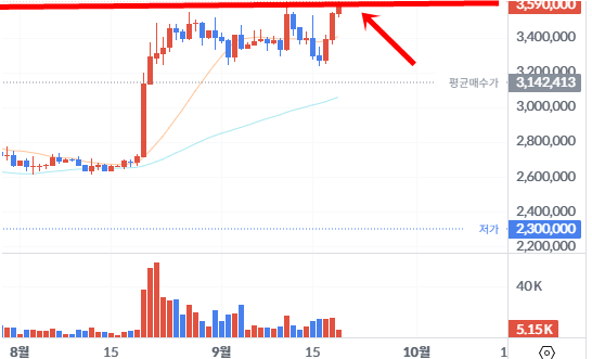 A Korean stock trading chart showing price action with an arrow pointing to a peak near 3,590,000, with Korean labels indicating average price (평균매수가 3,142,413) and target price (저가 2,300,000).