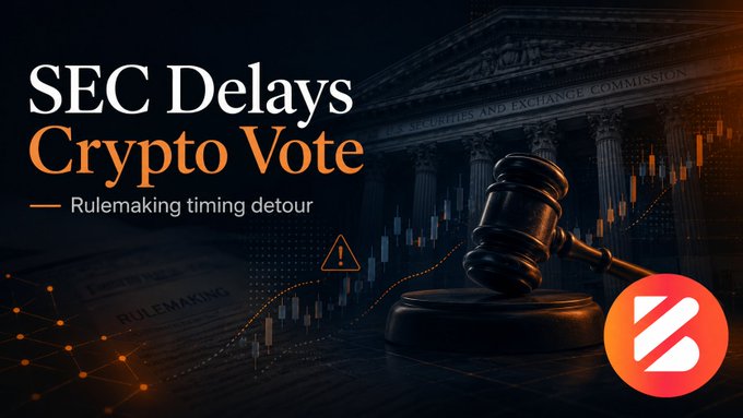 A graphic titled 'SEC Delays Crypto Vote — Rulemaking timing detour' featuring a gavel, stock chart imagery, and a building resembling the SEC headquarters.